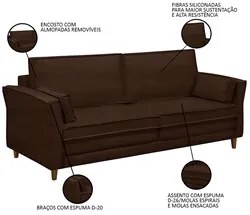 Sofá Living 3 Lugares 220cm Pés Madeira Efraim F05 Veludo Marrom - Mpo