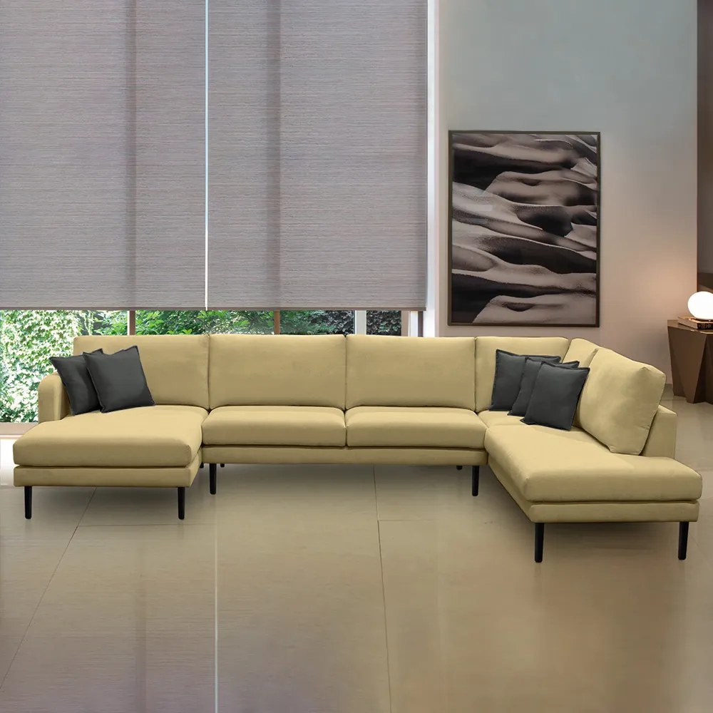 Sofá Decorativo Sala de Estar Osaka 430cm Modulado em U com Almofadas Pés em Madeira Linho Bege G89 - Gran Belo