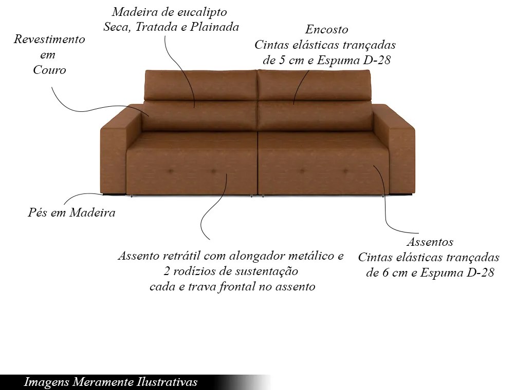 Sofá Retrátil 3 Lugares 244cm 2 Módulos Nero Couro Manchado Claro G52 - Gran Belo