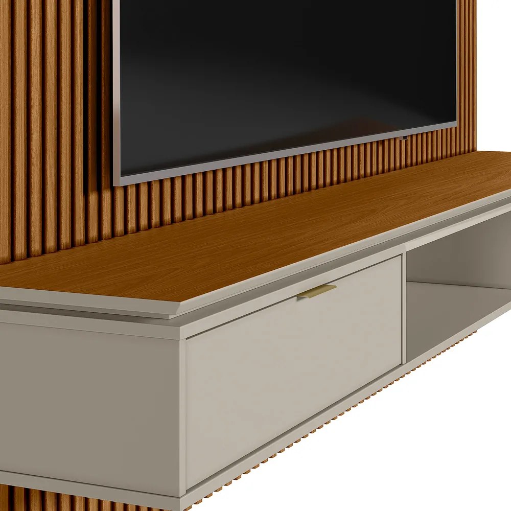 Painel para TV até 75 Polegadas Ripado Marisa com Nicho Bancada e Tampo Sobreposto Chanfrado Nature e Off White 219x250 cm L04 - D'Rossi