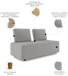 Sofá 2 Lugares 148cm Sala de Estar Rovier Veludo Cinza Z32    - Mpozen