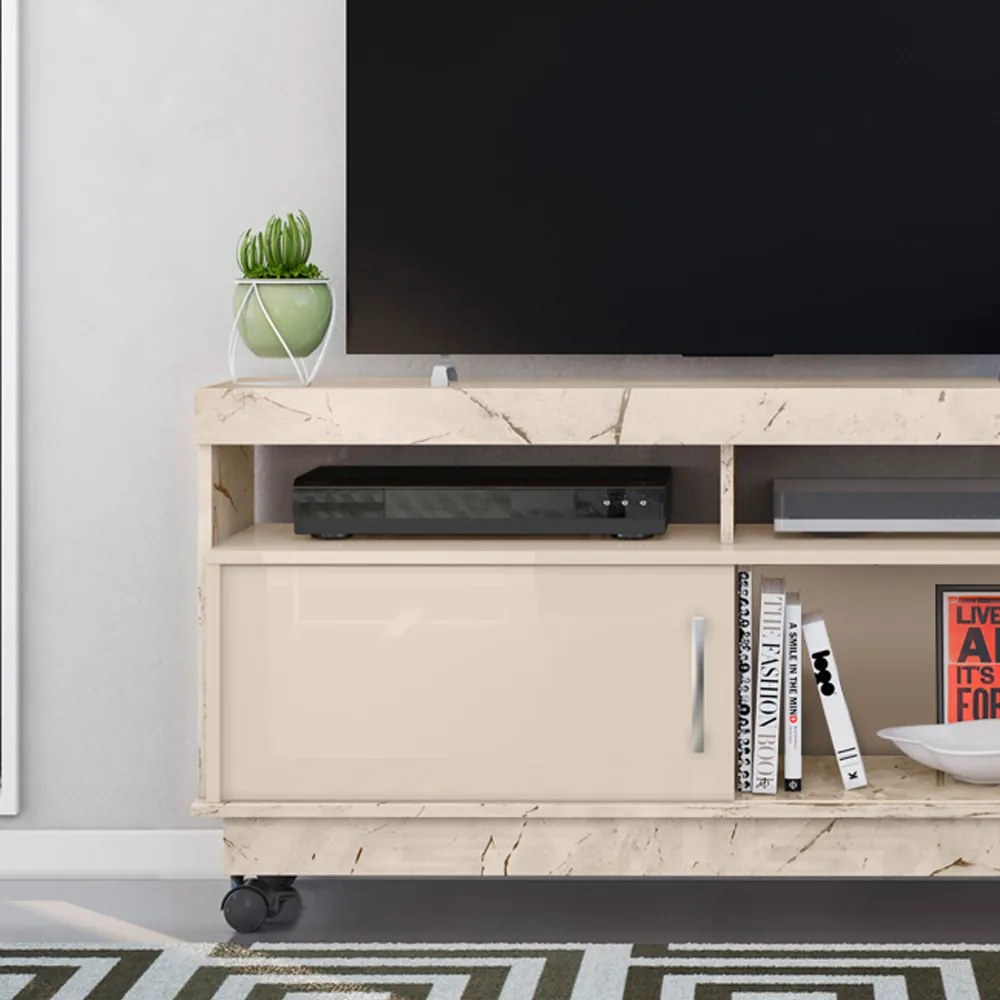 Rack TV 50 Pol 121cm Bancada com Rodízio Sala Zorin M20 - D'Rossi - Calacata e Off White