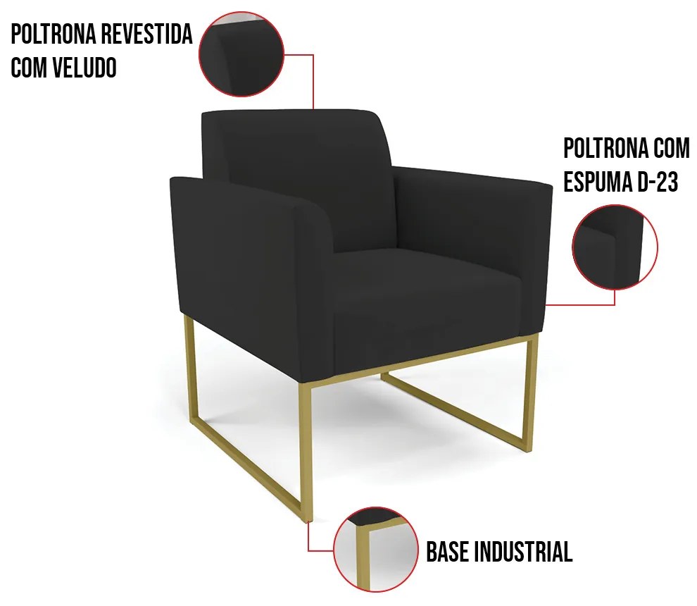 Kit 2 Poltronas Base Industrial Dourado Marisa Veludo D03 - D'Rossi - Preto