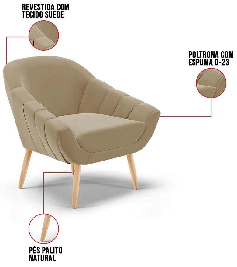 Kit 01 Namoradeira 02 Lugares e 02 Poltronas Giovana Suede Pés Palito Natural D01 - D'Rossi - Marrom Rato