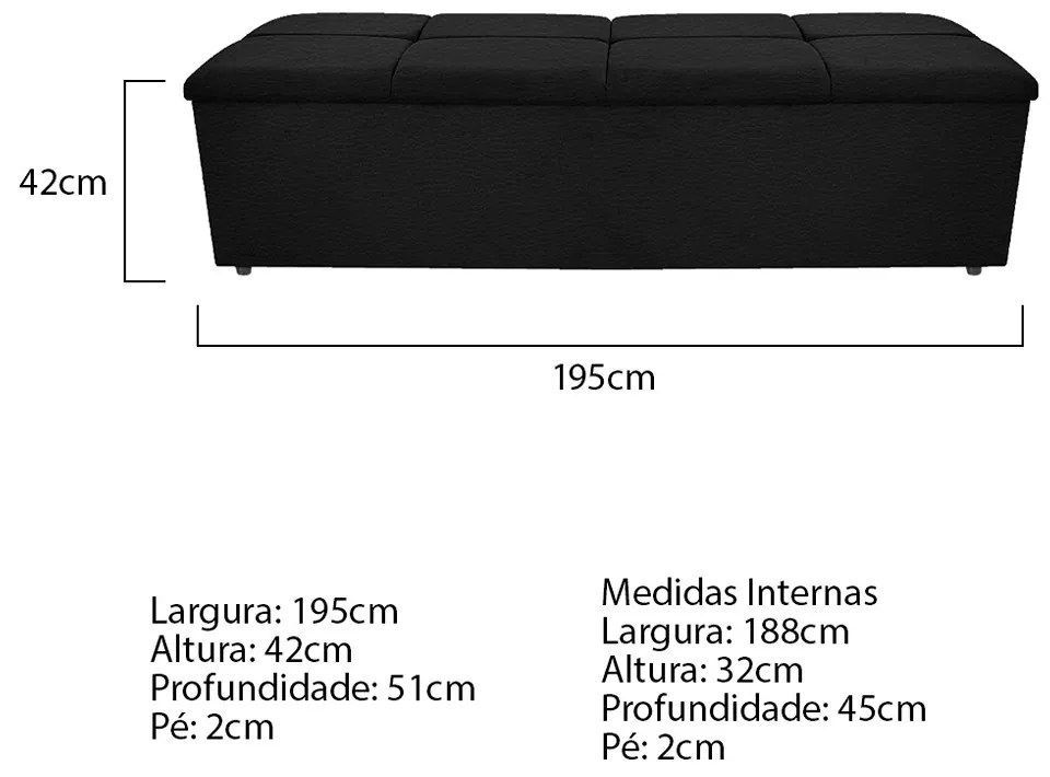 Calçadeira Munique 195 cm King Size Corano Preto - ADJ Decor