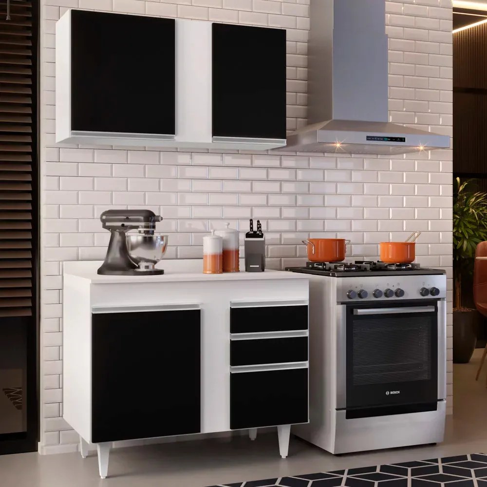 Kit Armário Aéreo e Balcão de Cozinha Lavanderia Aurora com Tampo 100cm L06 - D'Rossi  - Branco e Preto