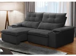 Sofá Retrátil 3 Lugares com Porta Copo 210cm Malta F05 Veludo Grafite