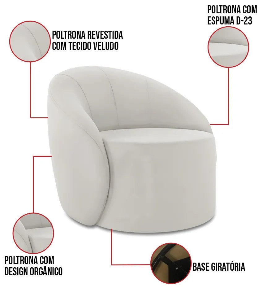 Sofá 3 Lugares Orgânico 180cm Morgan e Poltrona Lua Veludo Cinza D03 - D'Rossi