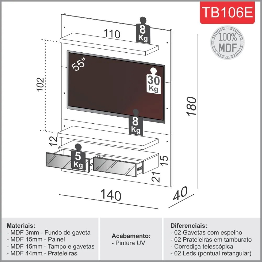 Painel Home 140cm MDF Para TV Até 55 C/ Led E Gavetas Off White Freijó TB106E - Dalla Costa