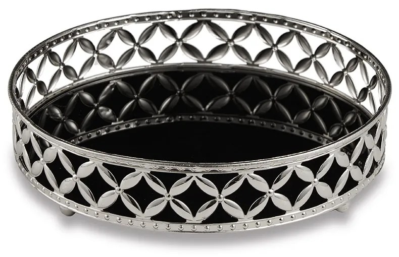 Bandeja Decorativa Redonda Em Metal Prata Com Espelho Preto 5x17,5 Cm - D'Rossi