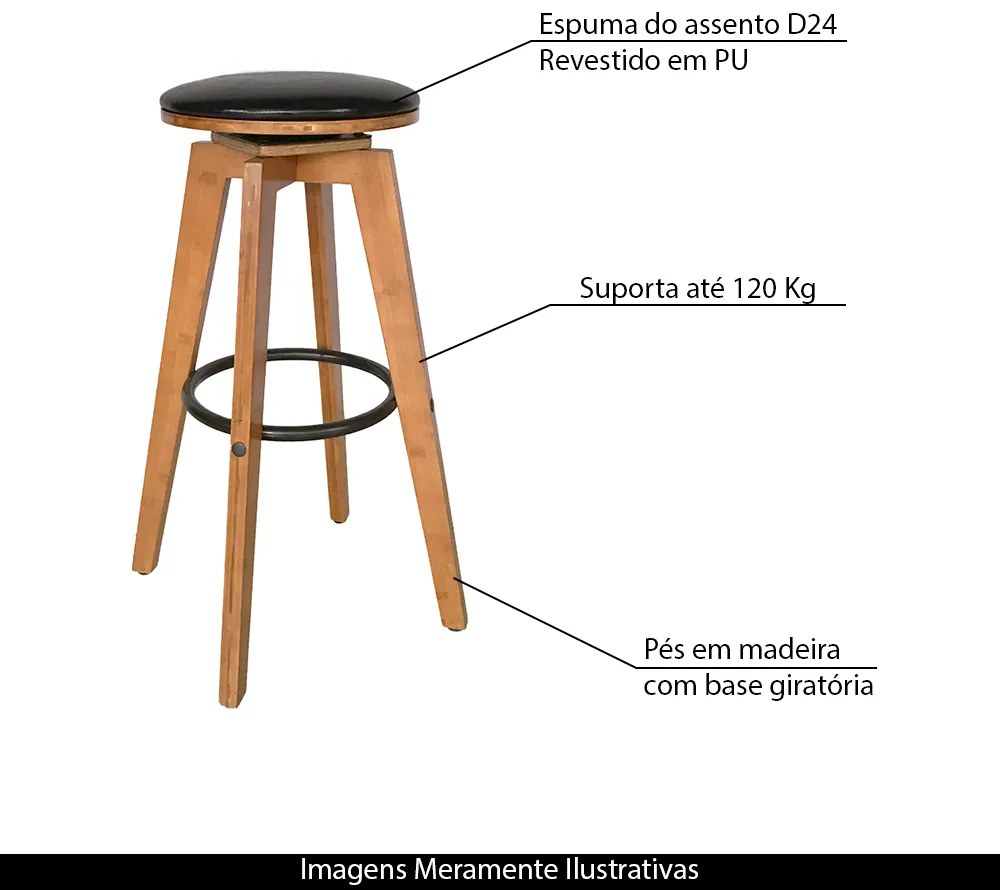 Banqueta Decorativa Hetfield PU Madeira c/Apoio para os Pés Base Giratória G56 - Gran Belo