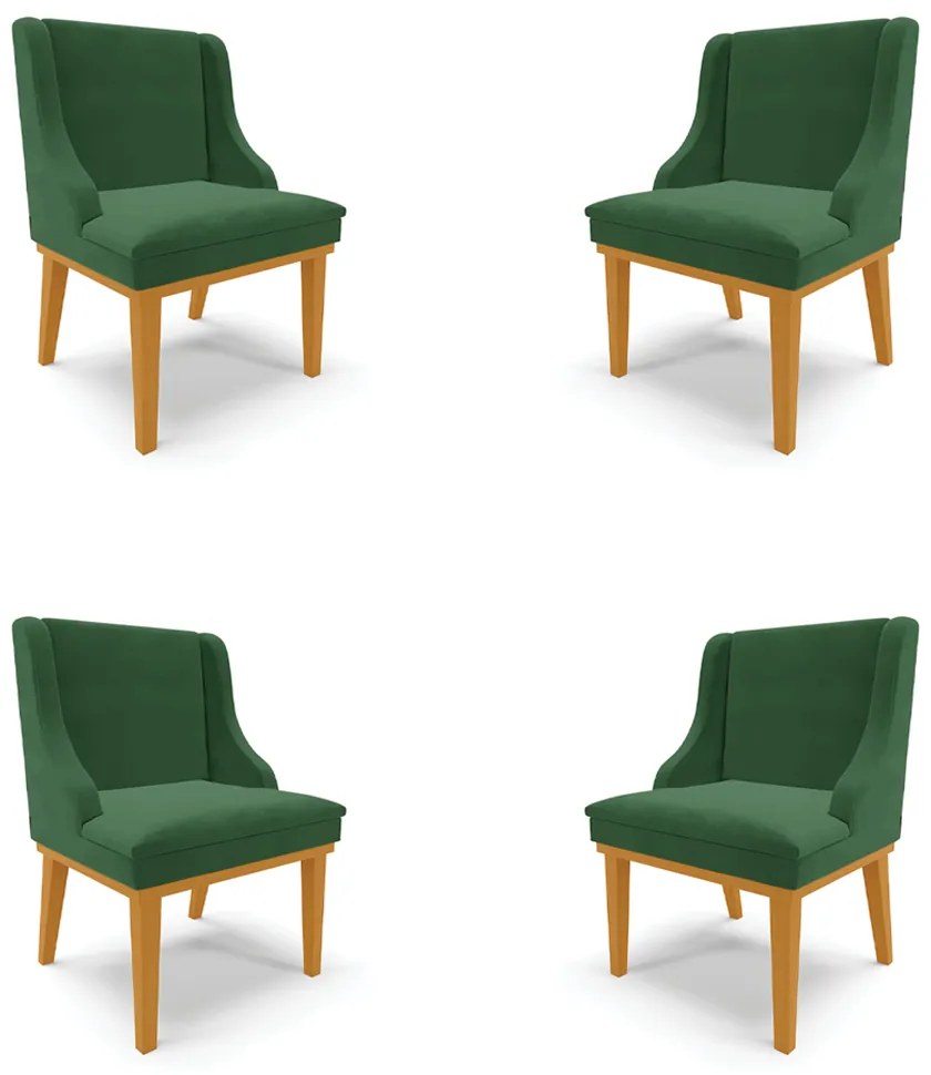 Kit 4 Cadeiras Decorativas Sala de Jantar Base Fixa de Madeira Firenze Veludo Verde Esmeralda/Castanho G19 - Gran Belo