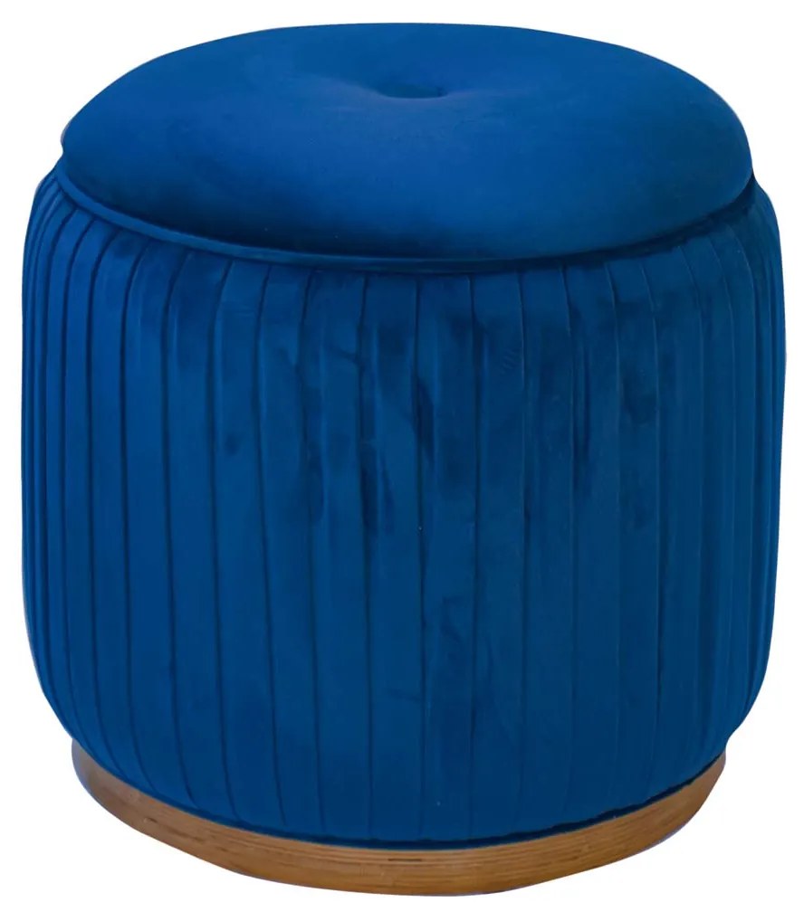 Puff Redondo Drapeado Estofado Nuni - Mel Pinus - Tecido Veludo Azul Safira Kleiner