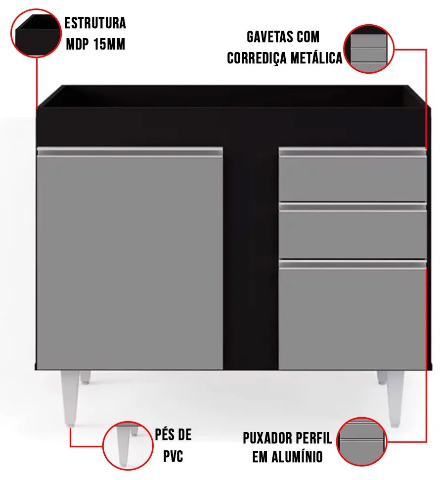 Balcão de Cozinha Lavanderia sem Tampo 02 Gavetas Bia 100 cm L06 - D'Rossi - Preto e Cinza