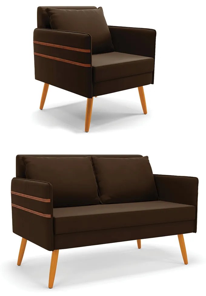 Kit 1 Namoradeira 02 Lugares e 1 Poltrona Mari Suede Marrom Pés Palito Castanho - D'Rossi