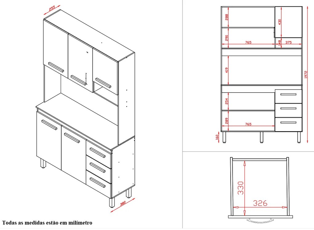 Kit Zínia 5 Portas 3 Gavetas Cozinha MB1 120cm