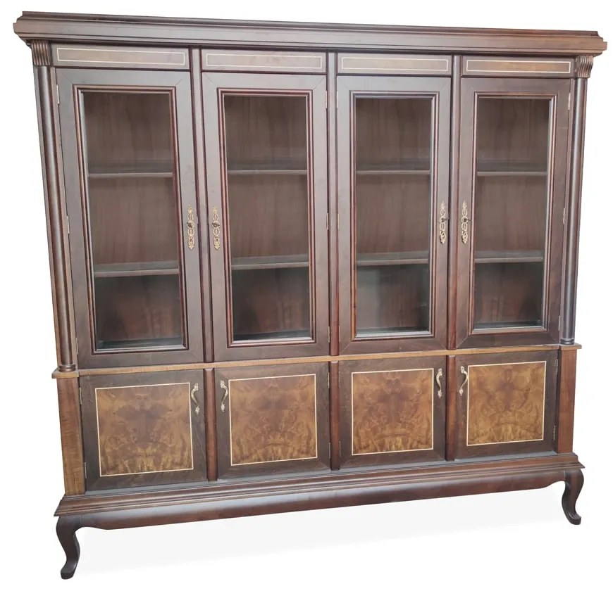 Estante Lucca 4 Portas com Vidro Madeira Maciça Marchetaria Design Clássico