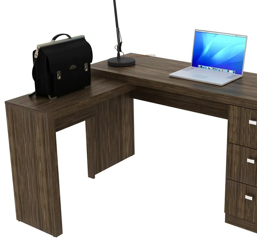 Escrivaninha Canto Escritório Home Office 3 Gavetas Nogal