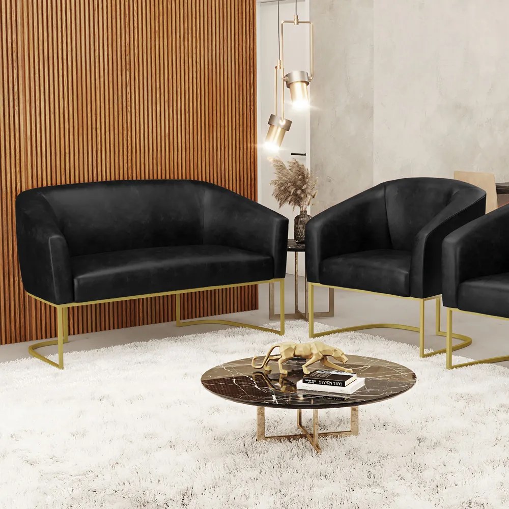 Sofá Namoradeira e Poltrona Industrial Dourado Stella Sint PU D03 - D'Rossi - Preto