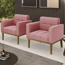 Poltrona Base Madeira Castanho Kit 2 Ana Suede Rosê - Ibiza