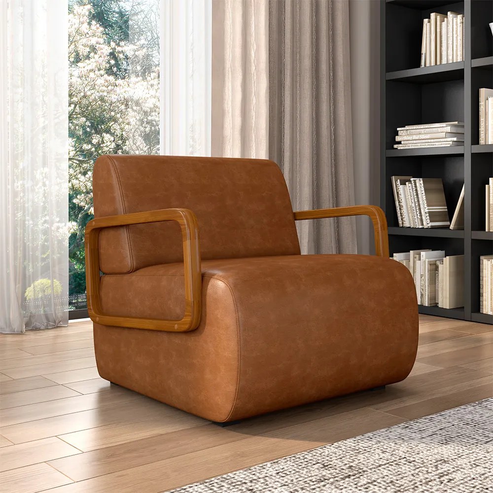 Kit 2 Poltronas Decorativa Sala de Estar Odessa Braços em Madeira PU Caramelo G33 - Gran Belo