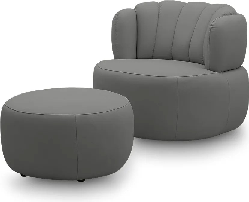 Conjunto Sala de estar Decorativo Mariele Poltrona Base Giratória em Aço com Puff Couro Grafite G88 - Gran Belo