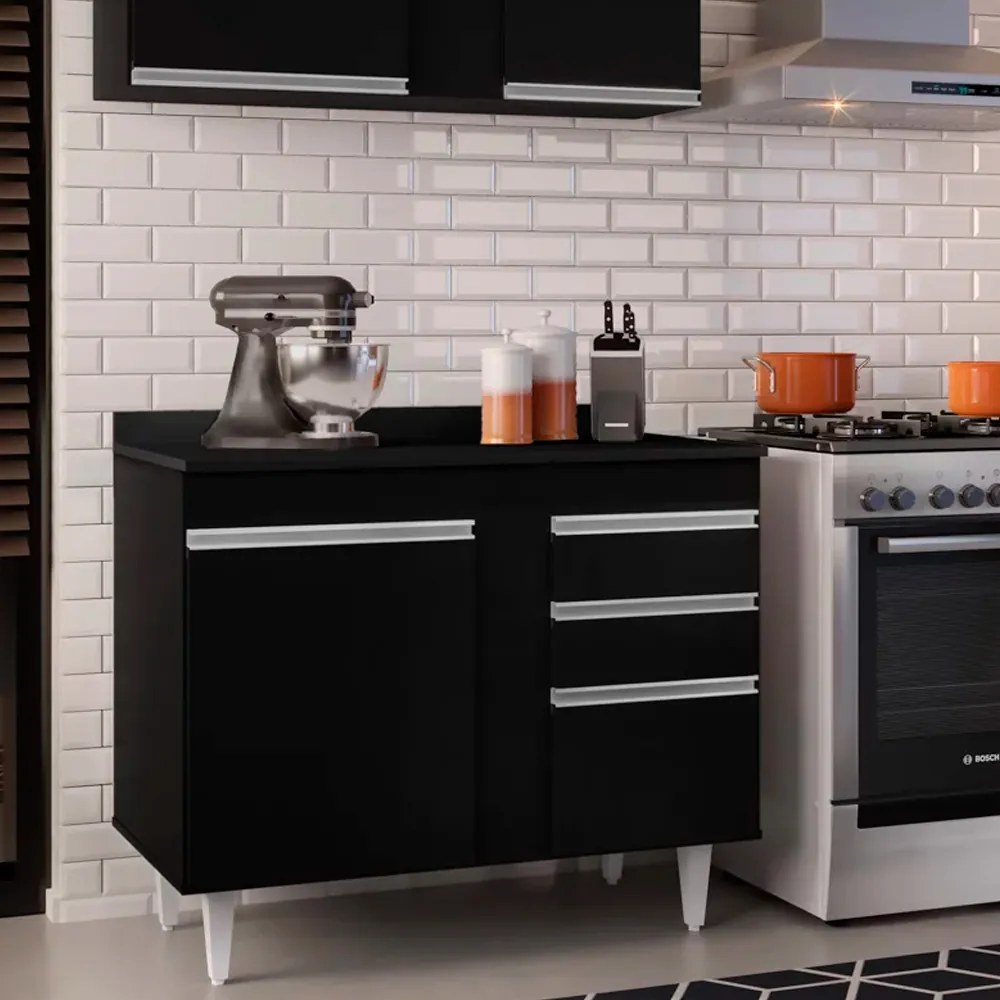 Balcão de Cozinha Lavanderia com Tampo 02 Gavetas Bia 100 cm L06 - D'Rossi - Preto