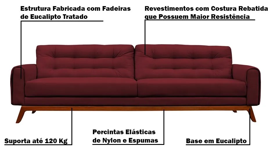 Sofá 3 Lugares Sala de Estar Eros 230 cm Veludo Vinho Base Fixa G15 - Gran Belo