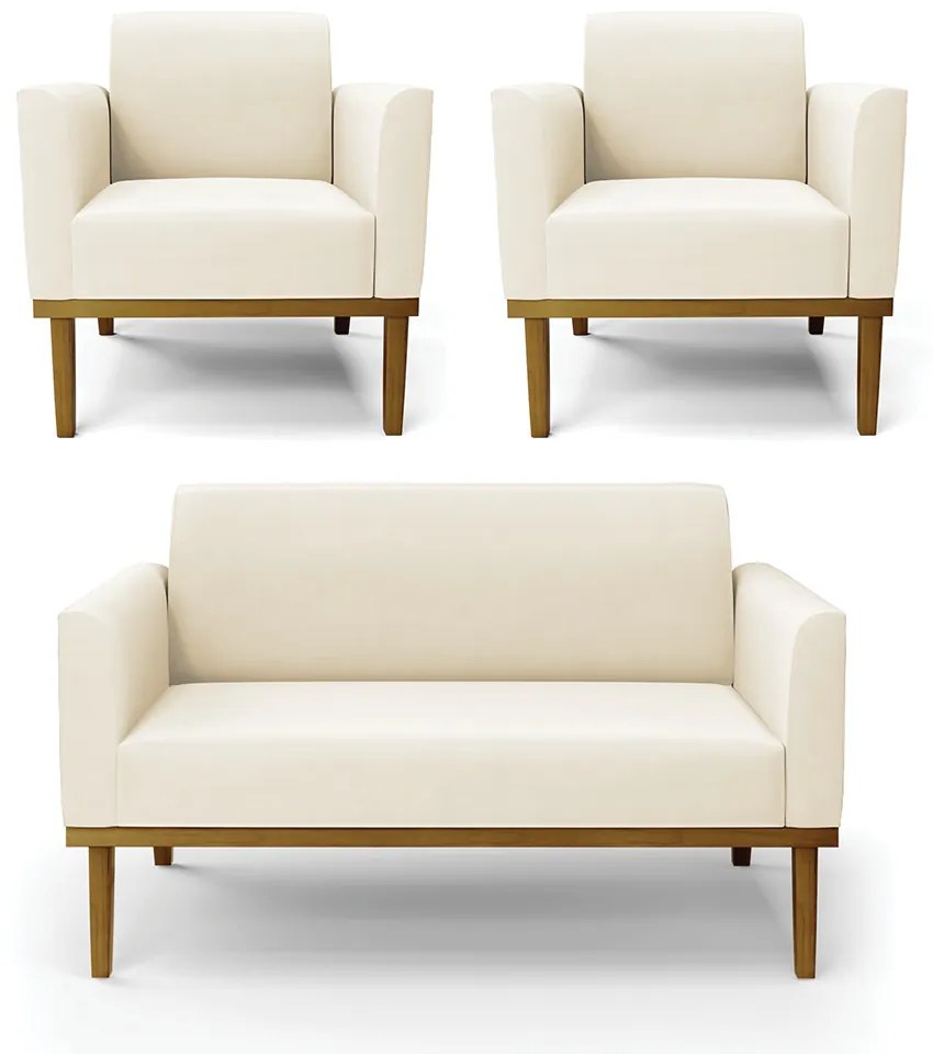 Conjunto 2 Poltronas e 1 Namoradeira Decorativa Isabella Pés Fixo em Madeira Castanho Veludo Bege G19 - Gran Belo