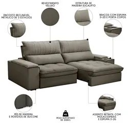 Sofá Retrátil 3 Lugares com Porta Copo 250cm Andes F05 Veludo Marrom -