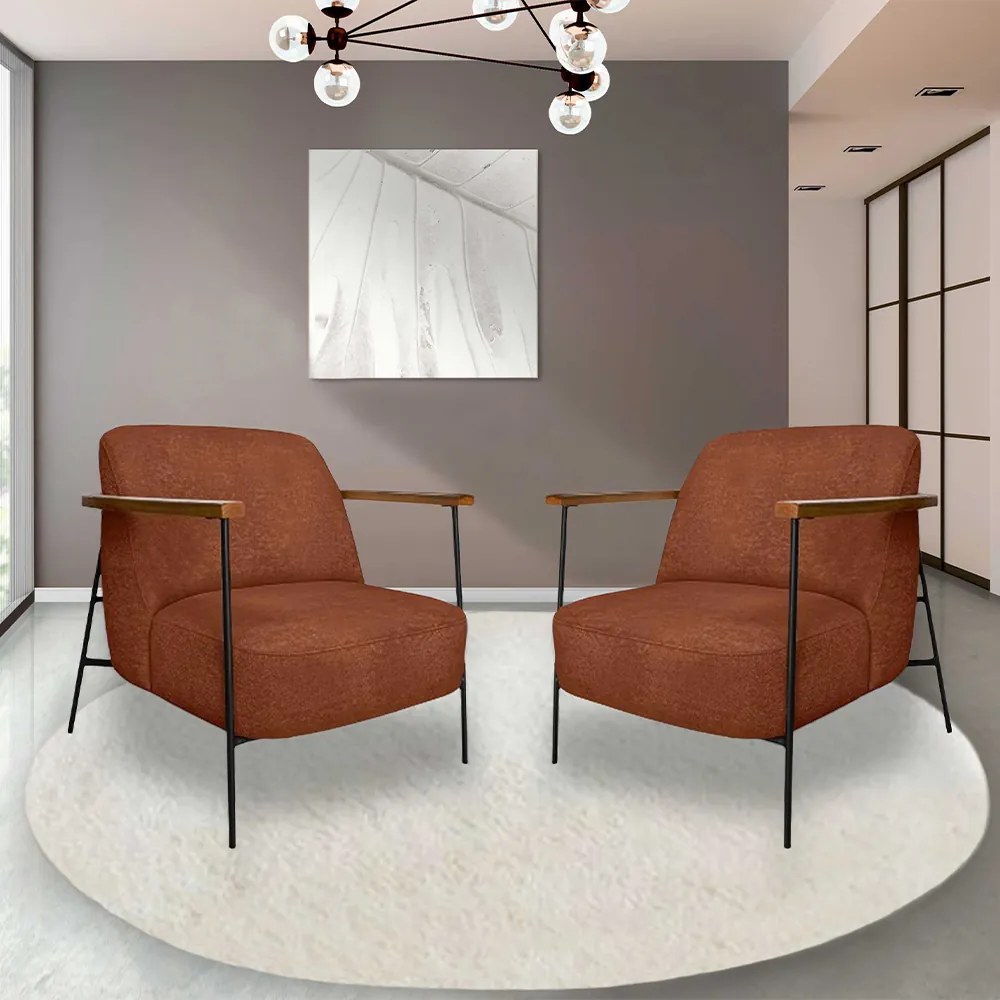 Kit 2 Poltronas Sala de Estar Pés em Ferro Preto Braço Madeira Maciça 86cm Thane Bouclê Terracota G63 - Gran Belo