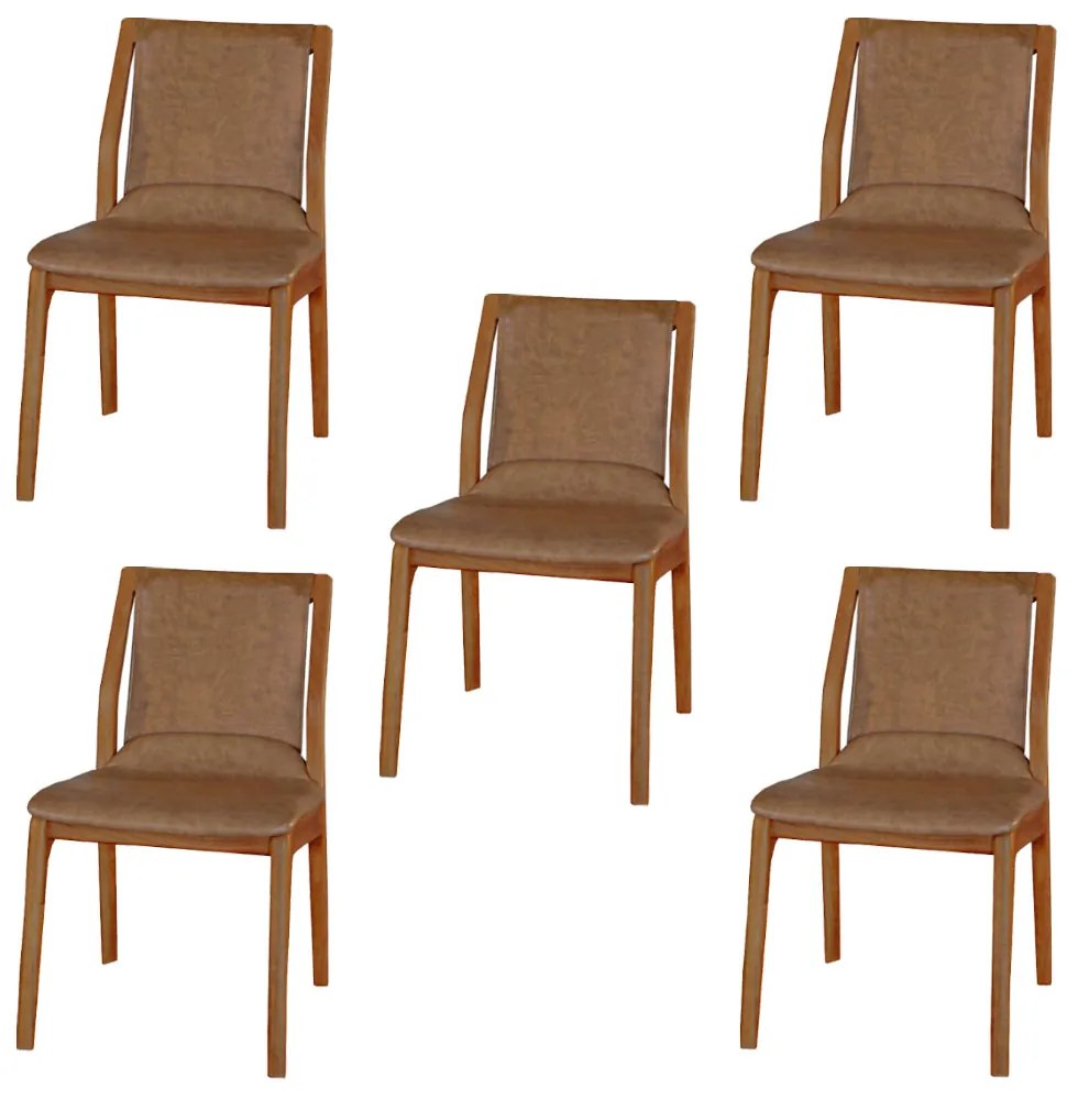 Kit 5 Cadeiras Decorativas Sala de Jantar Madeira Maciça Bruyne PU Sintético Marrom G13 - Gran Belo