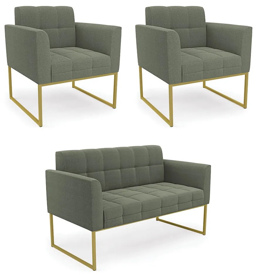 Namoradeira e 2 Poltronas Industrial Dourado Elisa Bouclê D03 - DRossi - Verde Pistache