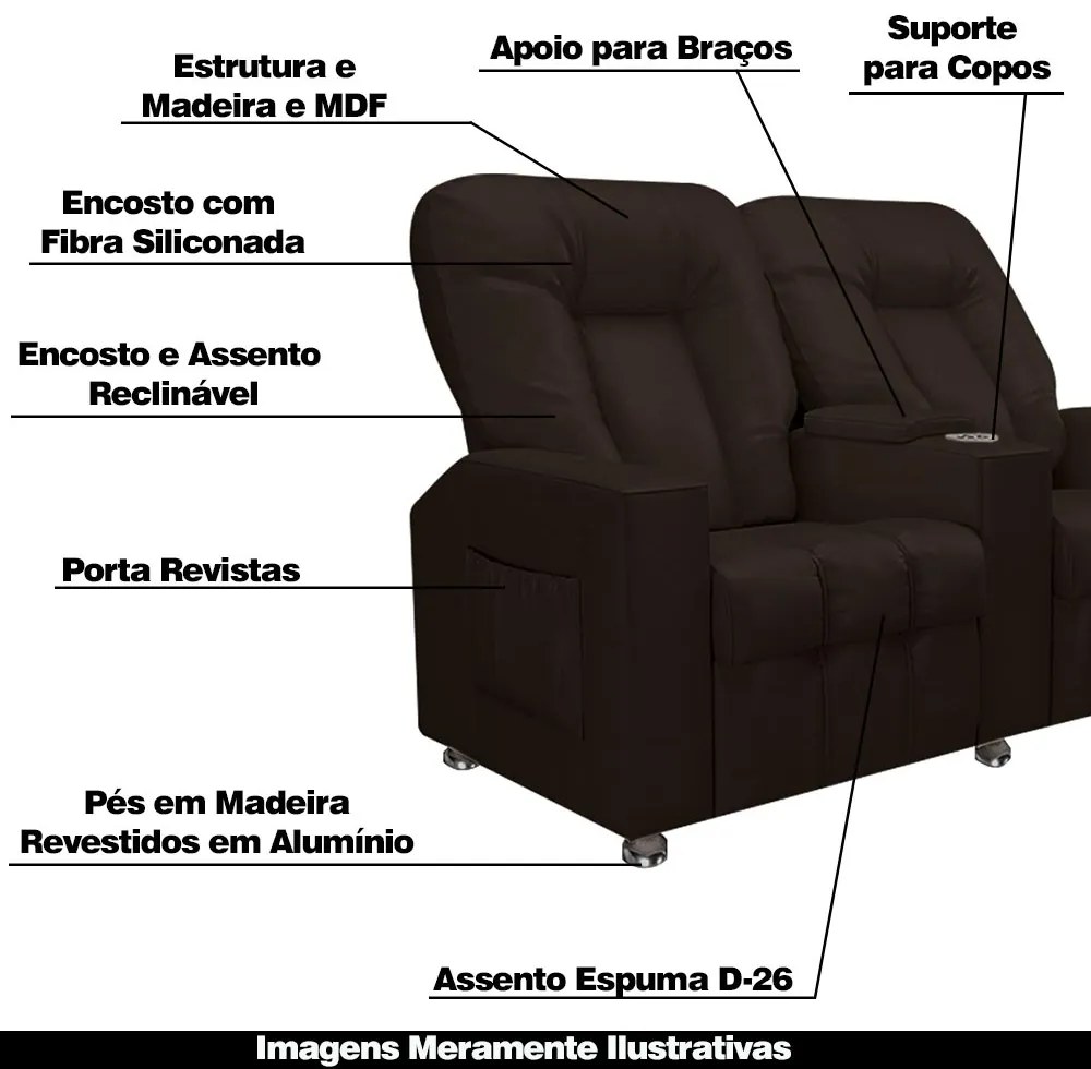 Poltrona Reclinável 2 Lugares para Sala de Cinema Pequim PU Marrom G23 - Gran Belo