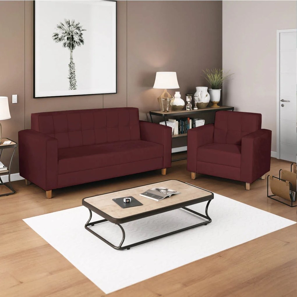 Kit Sofá 2 Lugares e 2 Poltronas Denver Suede Bordô - ADJ Decor