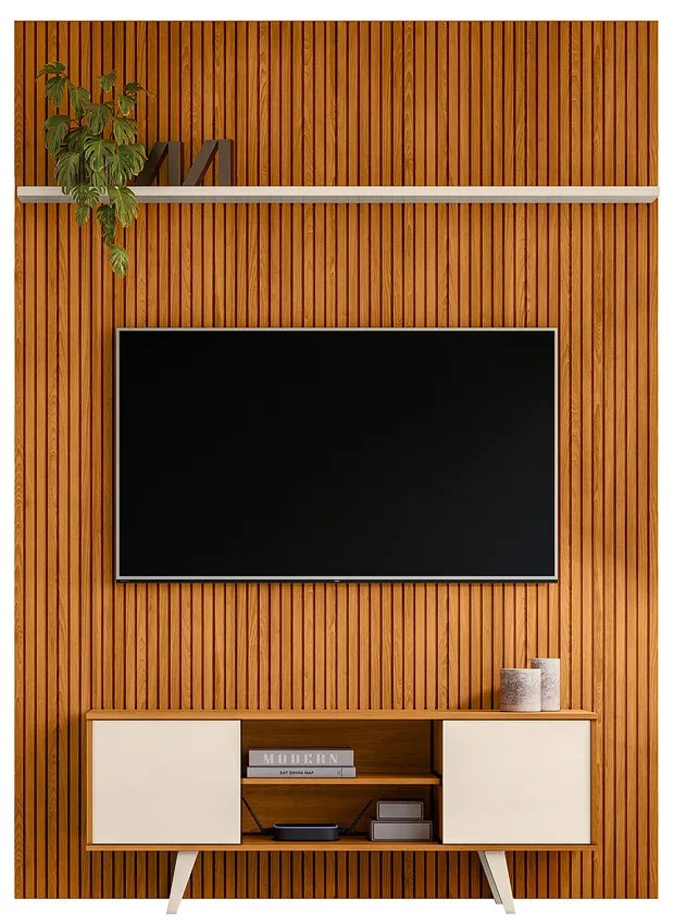 Painel TV 65 Pol 179cm Ripado Valen e Rack Bancada Korelli Cinamomo/Off White M20 - D'Rossi