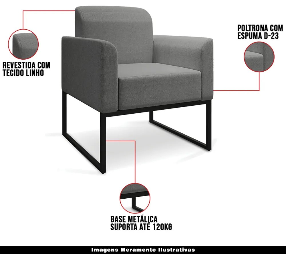 Kit 2 Poltronas Decorativas Isabella Base Industrial Linho Grafite/Preto G19