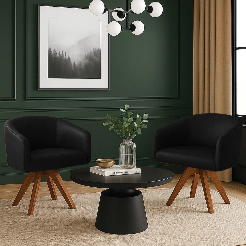 Poltrona Sala Base Giratória Madeira Kit 2 Arielle Sintético Pu Preto D03 - D'Rossi