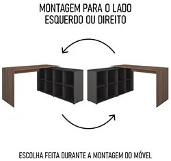 Mesa Escrivaninha em L 140x130cm 8 Nichos Eron A06 Ipê/Preto - Mpozena