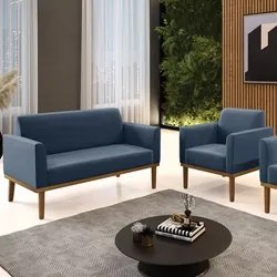 Sofá Namoradeira e 1 Poltrona Base Madeira Castanho Maressa Suede Azul