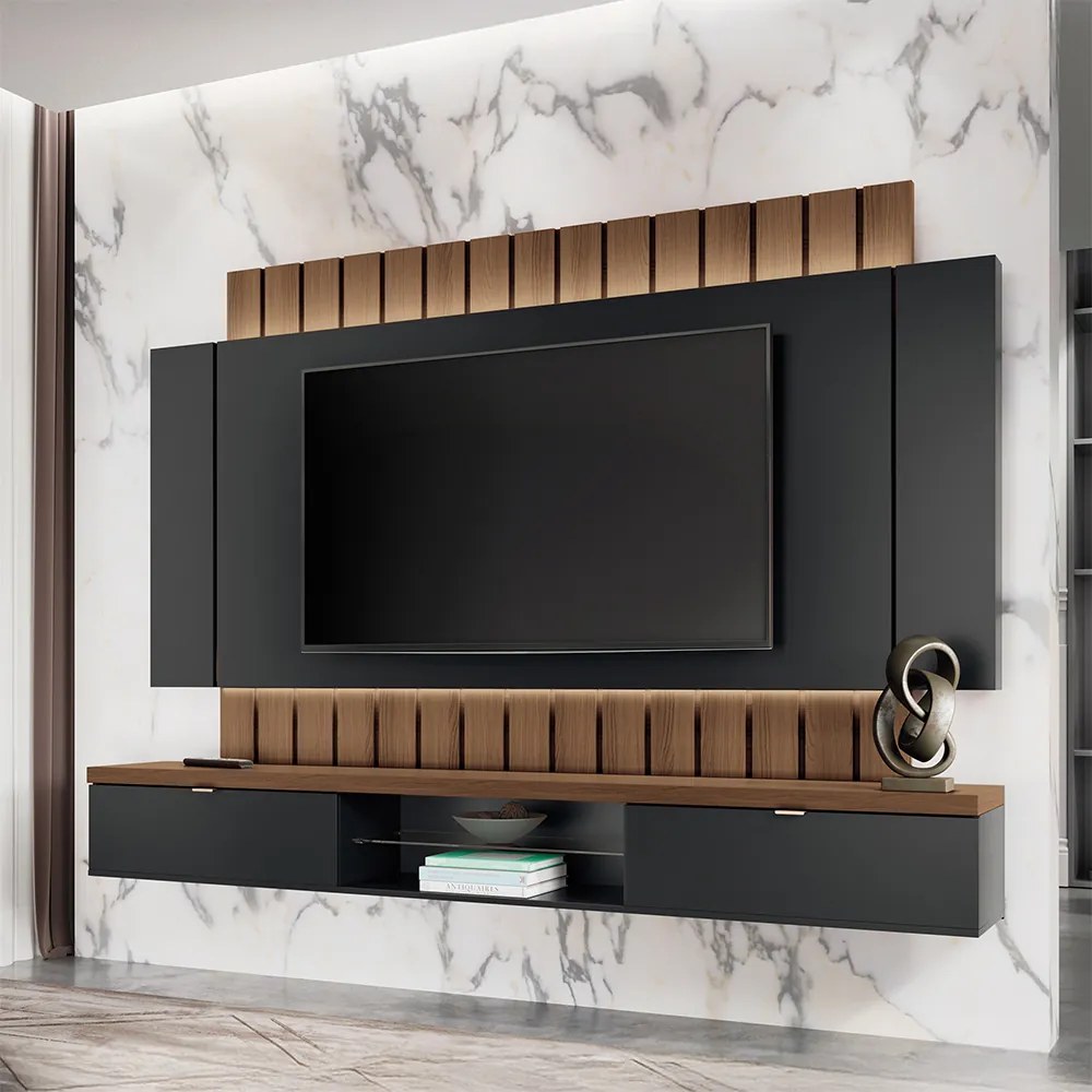 Painel Home Suspenso 2.2 para TV até 70 Polegadas com Fita LED MDP/MDF Illusion Preto/Castanho G26 - HB Móveis