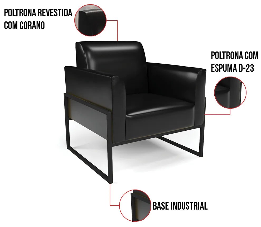 Poltrona Sala Decorativa Marisa Industrial Alta Preto Sintético Pu D03 - D'Rossi - Preto