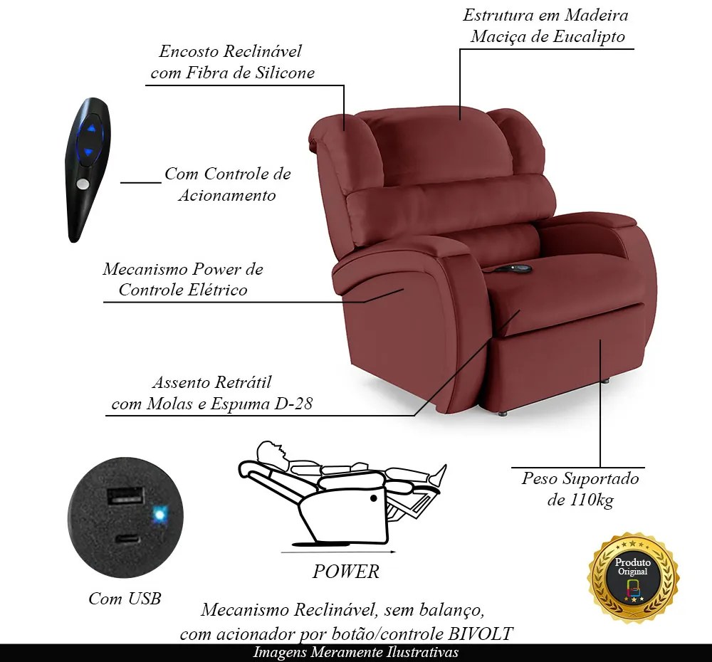 Poltrona do Papai Sala de Cinema Reclinável Kylie Controle Power Elétrico USB PU Vermelho G23