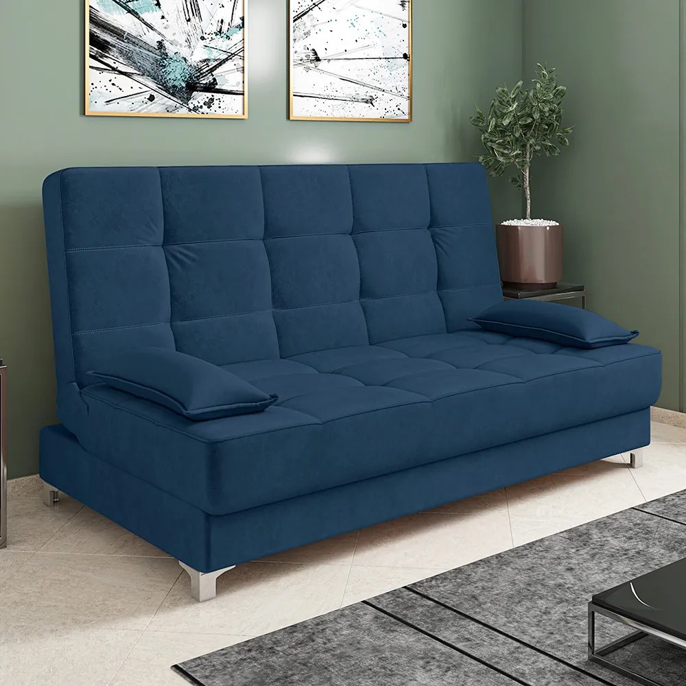 Sofá Cama Equador 193 cm Encosto Reclinável Veludo Azul Marinho Pés Plástico Cromado - D'Rossi