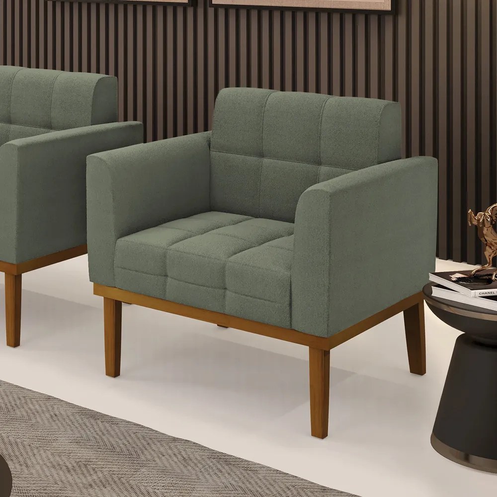 Poltrona Sala Decorativa Elisa Base de Madeira Castanho Bouclê D03 - D'Rossi - Verde Pistache