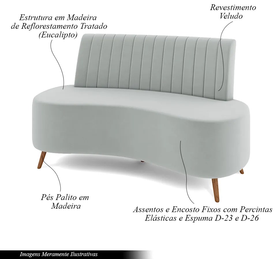 Sofá Living Decorativo 2 Lugares 1,35M Katara Cinza Claro Veludo G33 - Gran Belo