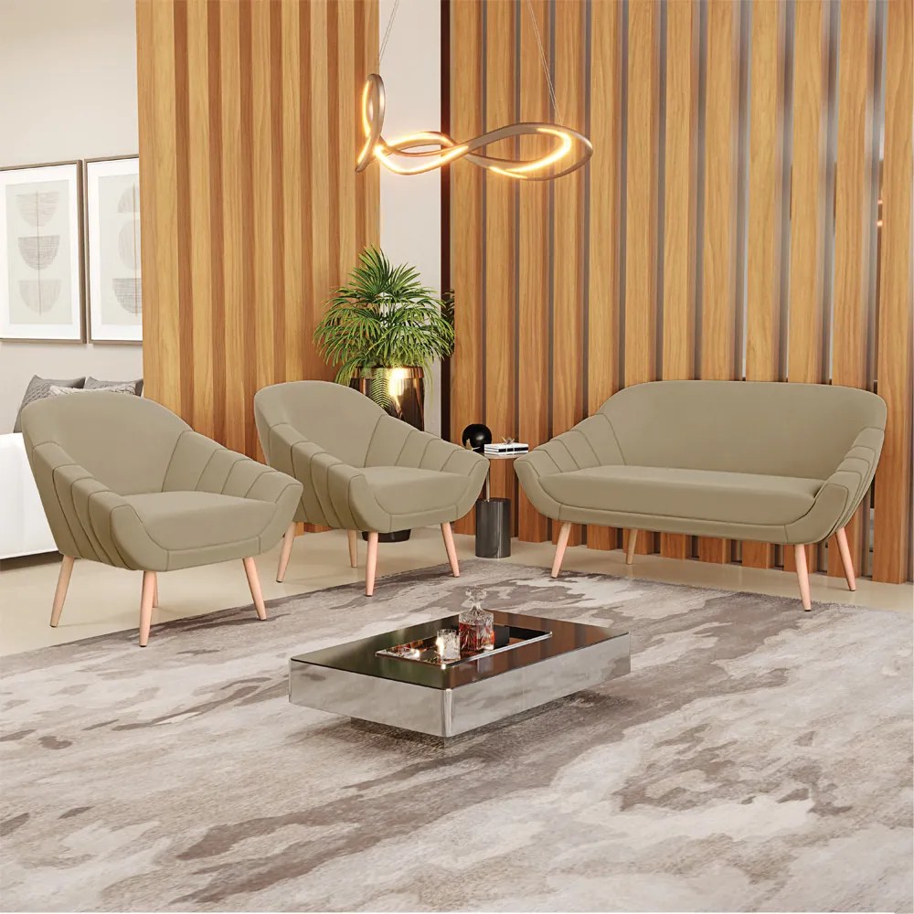 Kit 01 Namoradeira 02 Lugares e 02 Poltronas Giovana Suede Marrom Rato Pés Palito Natural - Indo Decorar