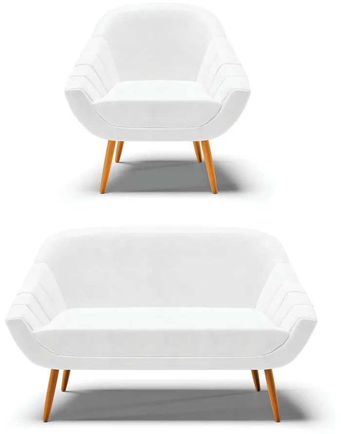 Kit 01 Namoradeira 02 Lugares e 01 Poltrona Giovana Corano Pés Palito Castanho - Indo Decorar - Branco