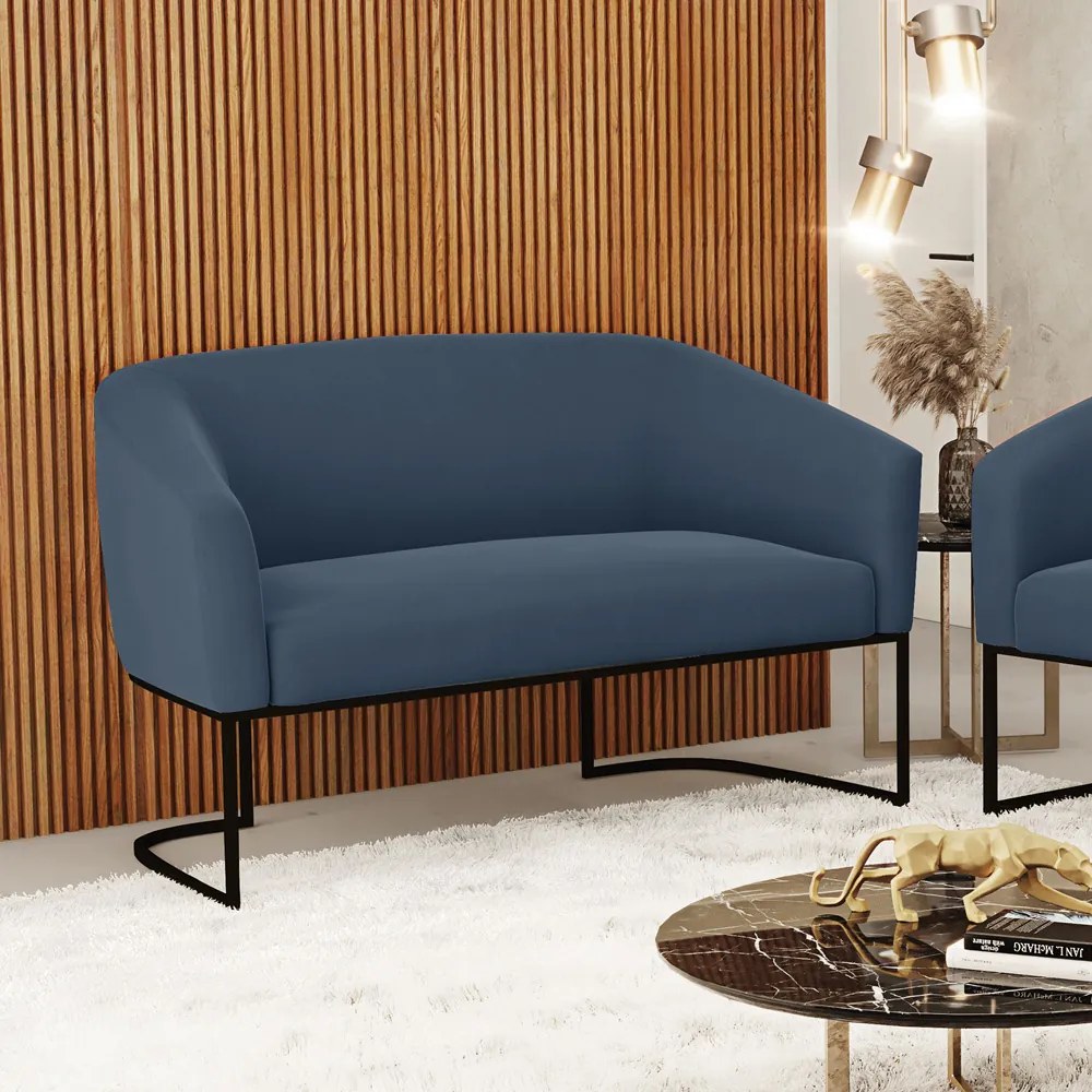 Sofá 2 Lugares Namoradeira Industrial Preto Stella Suede Azul Marinho D03 - D'Rossi
