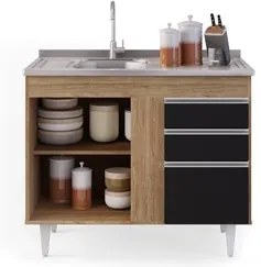 Balcão Gabinete Com Pia Inox 100cm 2 Portas 2 Gavetas Luziania Castanh